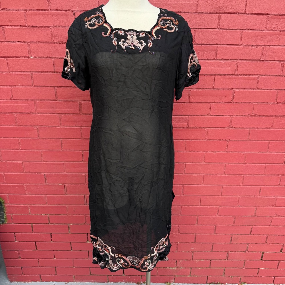 Decor Fashion Black‎ Embroidered Sheer Dress Womens Medium Square Neck Beaded